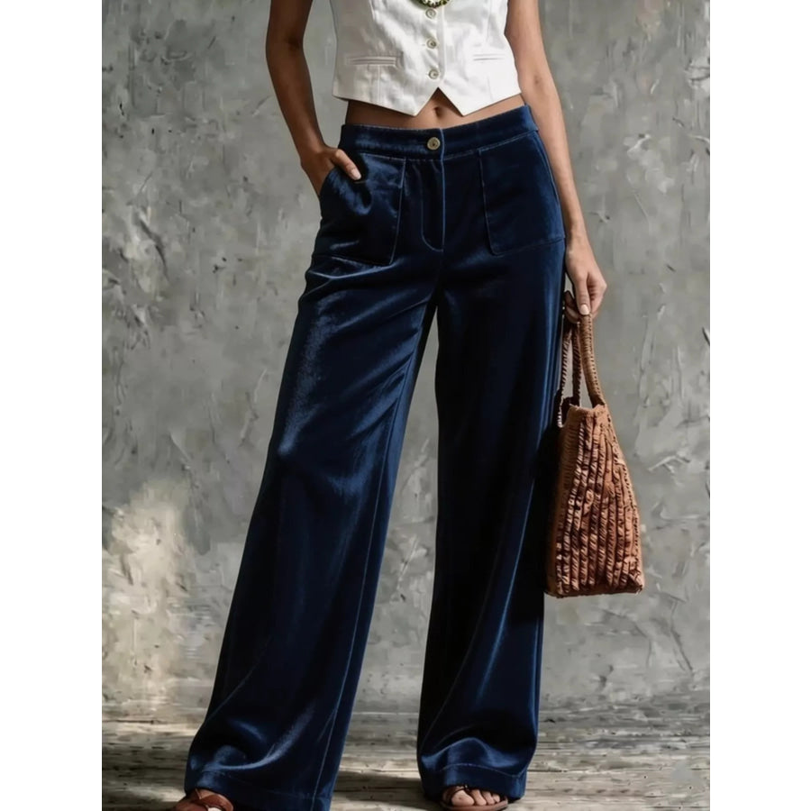 Full Size High-Waisted Wide-Leg Velvet Pants with Front Pockets Plus Dark Blue / S