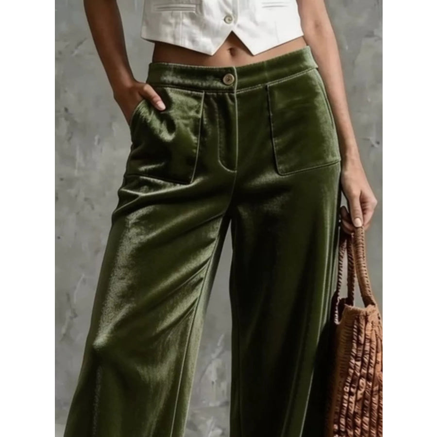 Full Size High-Waisted Wide-Leg Velvet Pants with Front Pockets Plus