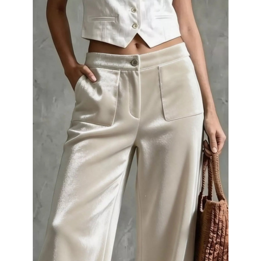 Full Size High-Waisted Wide-Leg Velvet Pants with Front Pockets Plus