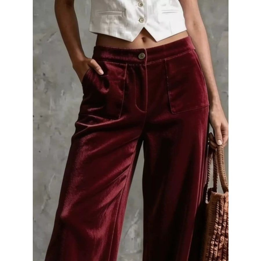 Full Size High-Waisted Wide-Leg Velvet Pants with Front Pockets Plus