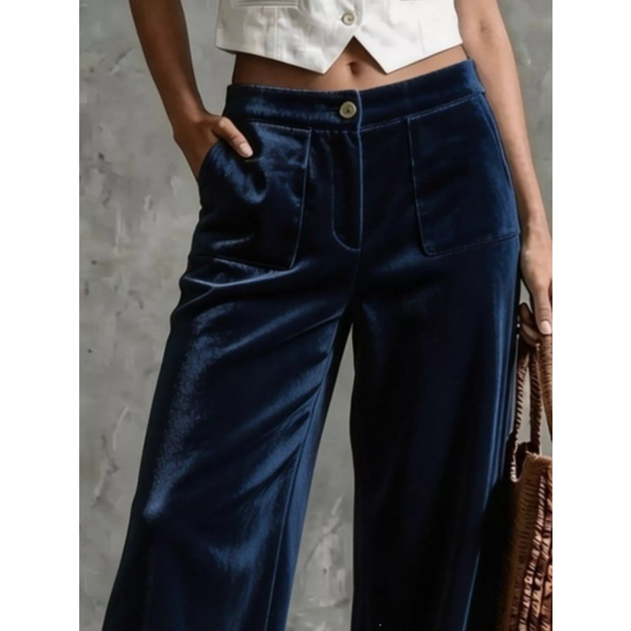 Full Size High-Waisted Wide-Leg Velvet Pants with Front Pockets Plus