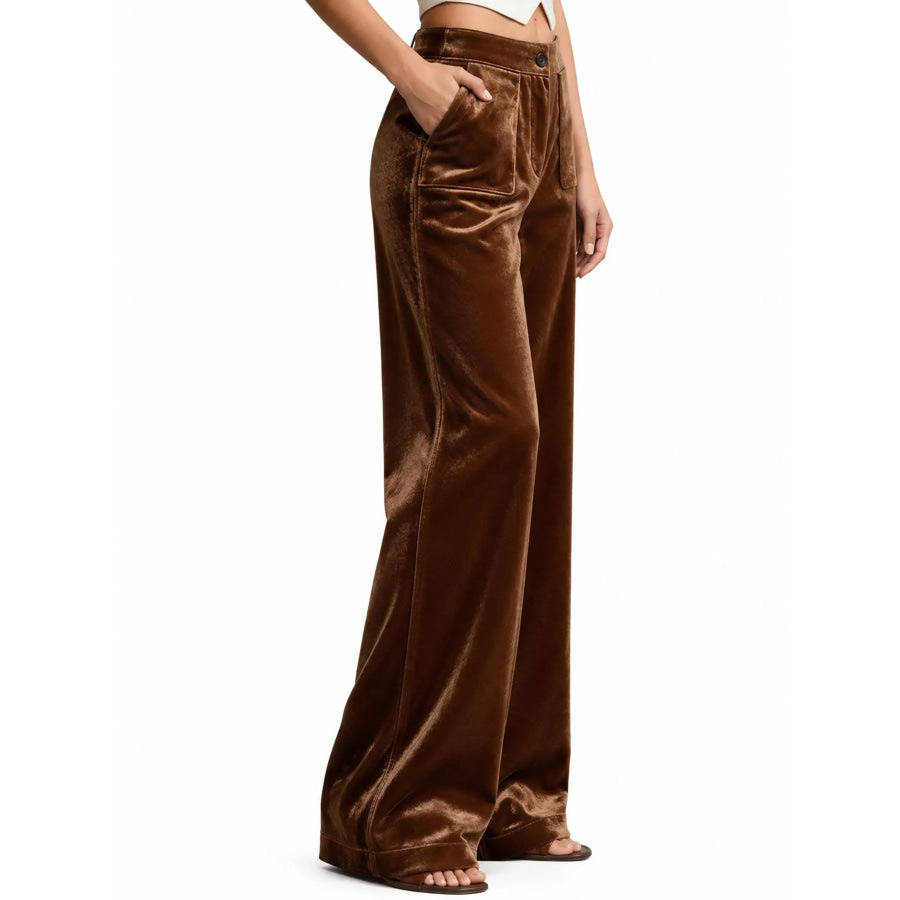 Full Size High-Waisted Wide-Leg Velvet Pants with Pockets Plus Apparel and Accessories