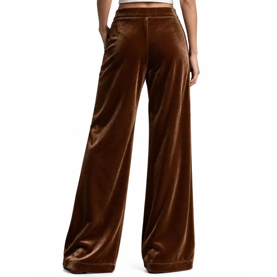 Full Size High-Waisted Wide-Leg Velvet Pants with Pockets Plus Apparel and Accessories