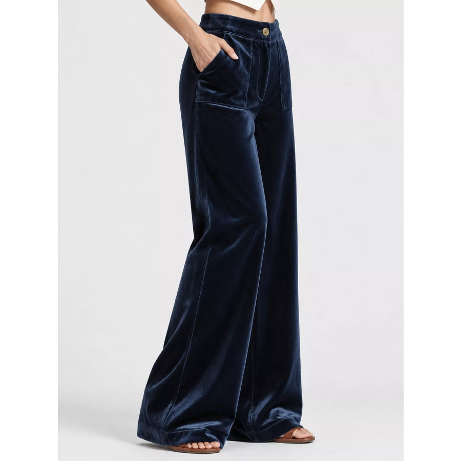 Full Size High-Waisted Wide-Leg Velvet Pants with Pockets Plus Apparel and Accessories
