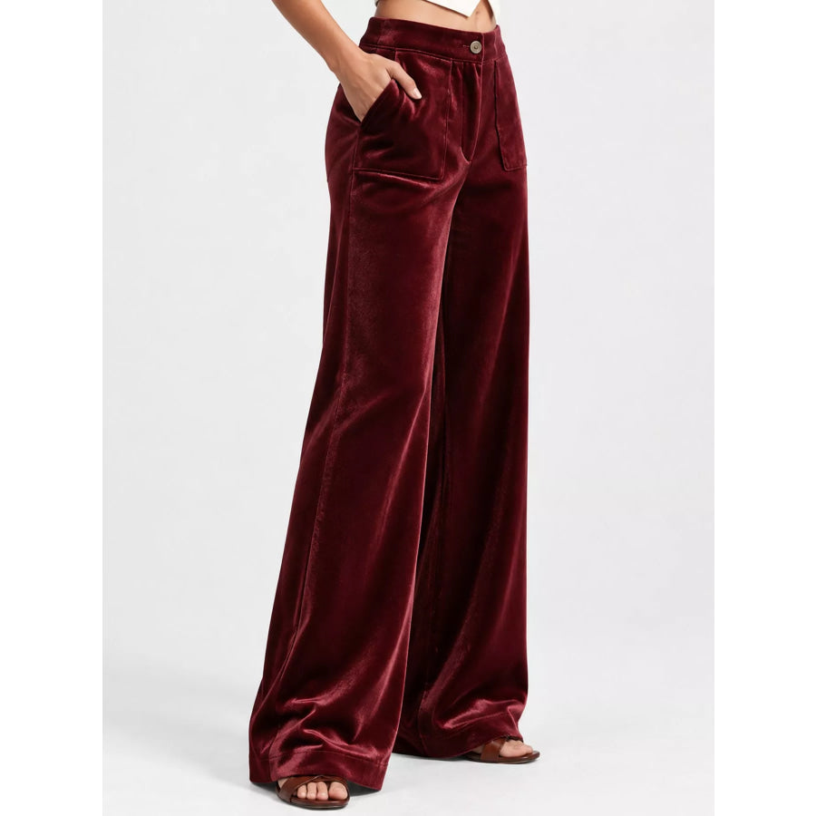 Full Size High-Waisted Wide-Leg Velvet Pants with Pockets Plus Apparel and Accessories