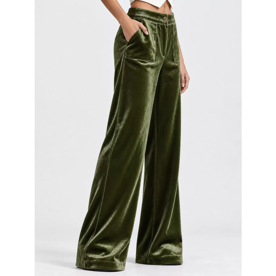 Full Size High-Waisted Wide-Leg Velvet Pants with Pockets Plus Apparel and Accessories