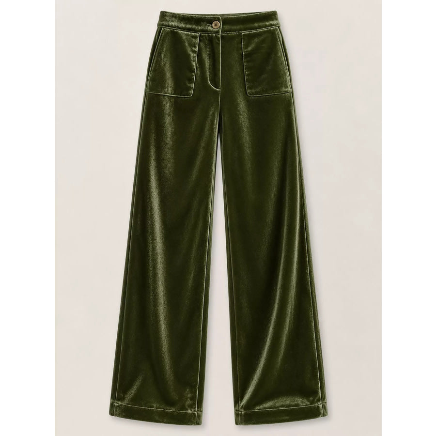 Full Size High-Waisted Wide-Leg Velvet Pants with Pockets Plus Apparel and Accessories