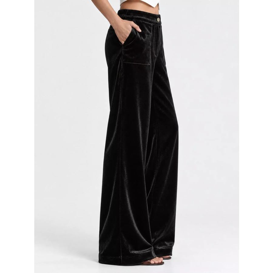 Full Size High-Waisted Wide-Leg Velvet Pants with Pockets Plus Apparel and Accessories