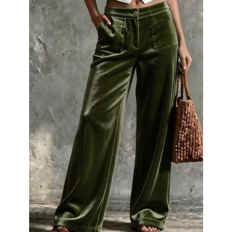 Full Size High-Waisted Wide-Leg Velvet Pants with Pockets Plus Army Green / S Apparel and Accessories