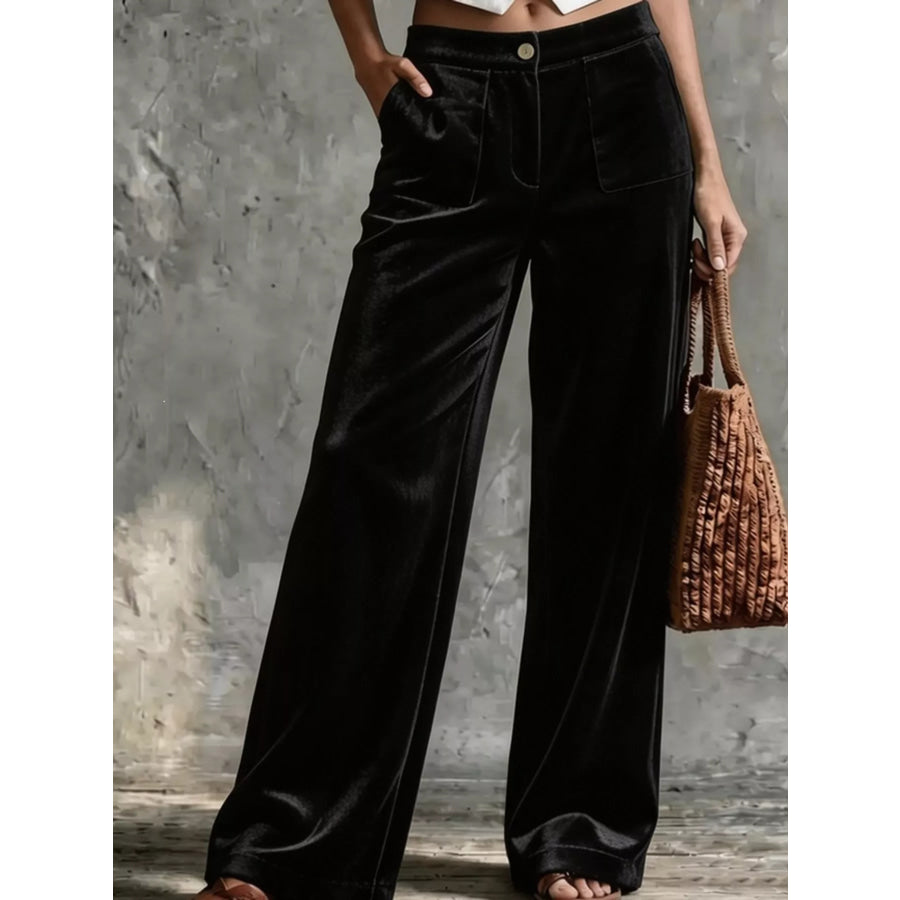 Full Size High-Waisted Wide-Leg Velvet Pants with Pockets Plus Black / S Apparel and Accessories