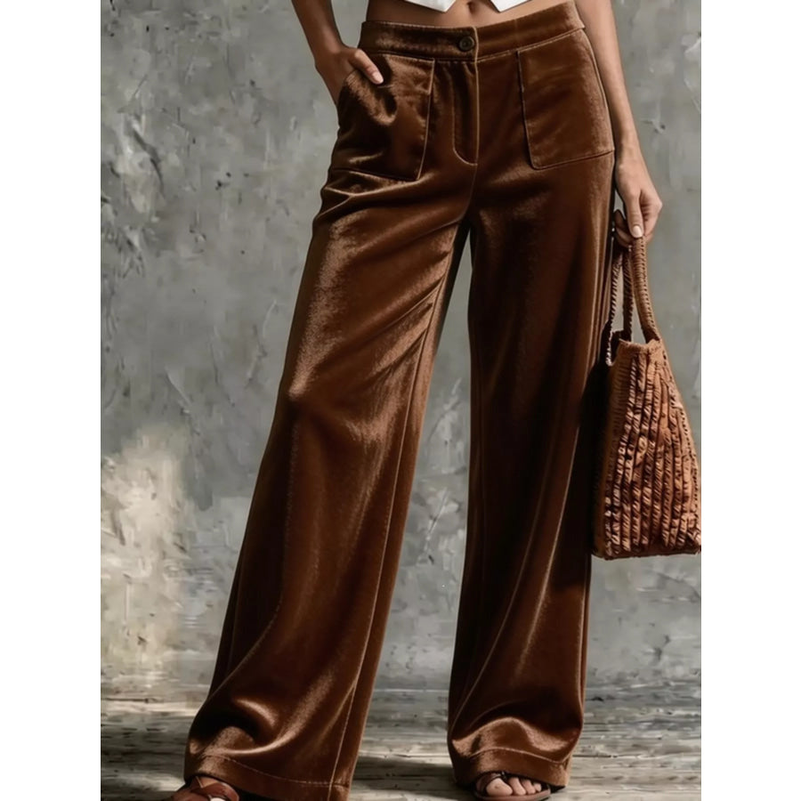 Full Size High-Waisted Wide-Leg Velvet Pants with Pockets Plus Brown / S Apparel and Accessories