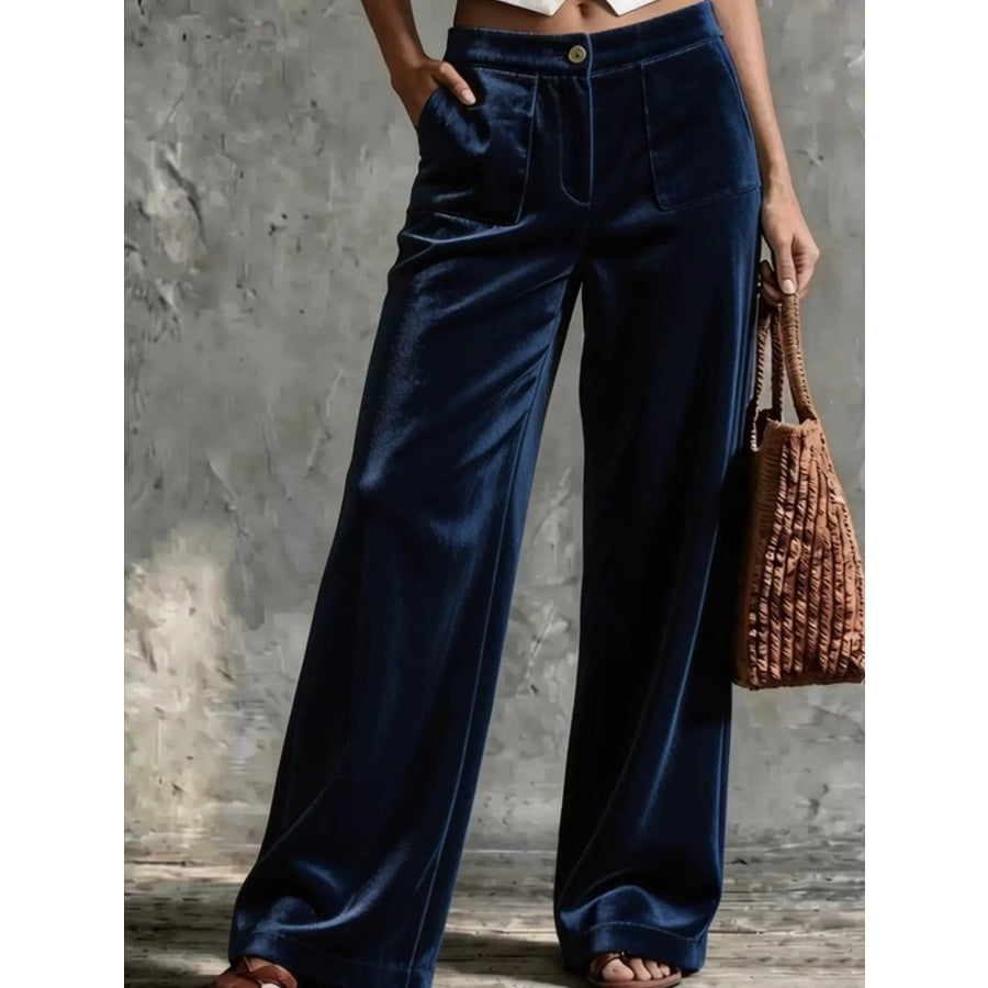 Full Size High-Waisted Wide-Leg Velvet Pants with Pockets Plus Dark Blue / S Apparel and Accessories