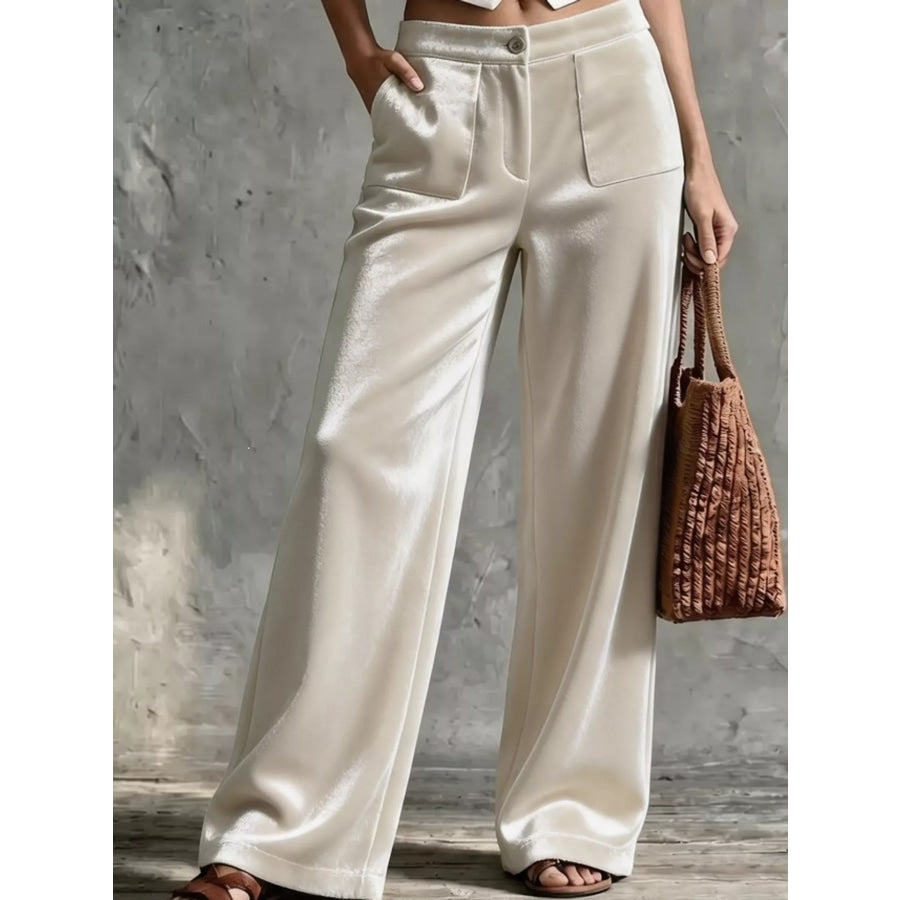 Full Size High-Waisted Wide-Leg Velvet Pants with Pockets Plus Off-white / S Apparel and Accessories