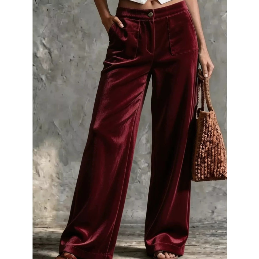 Full Size High-Waisted Wide-Leg Velvet Pants with Pockets Plus Wine Red / S Apparel and Accessories