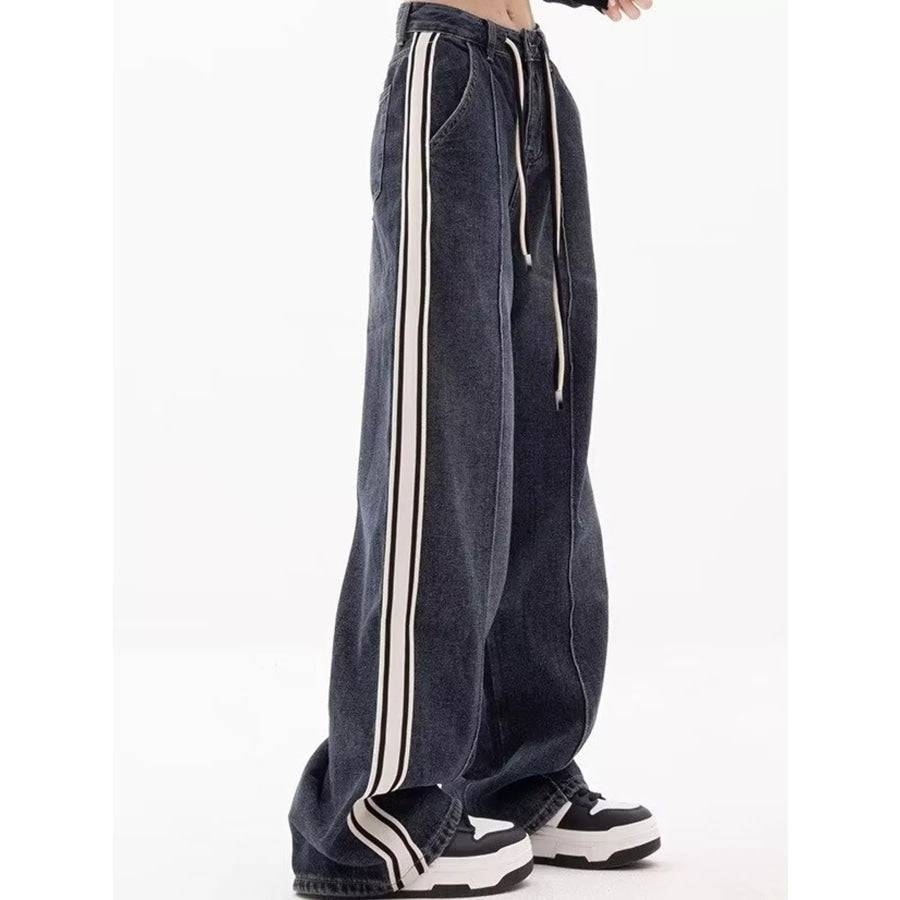 Full Size High-Waisted Wide-Leg Washed Jeans with Contrast Side Stripes Plus Apparel and Accessories