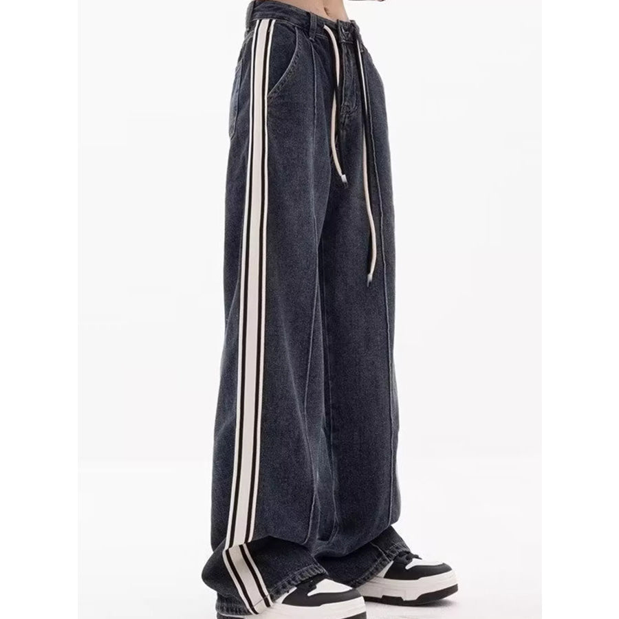 Full Size High-Waisted Wide-Leg Washed Jeans with Contrast Side Stripes Plus Apparel and Accessories