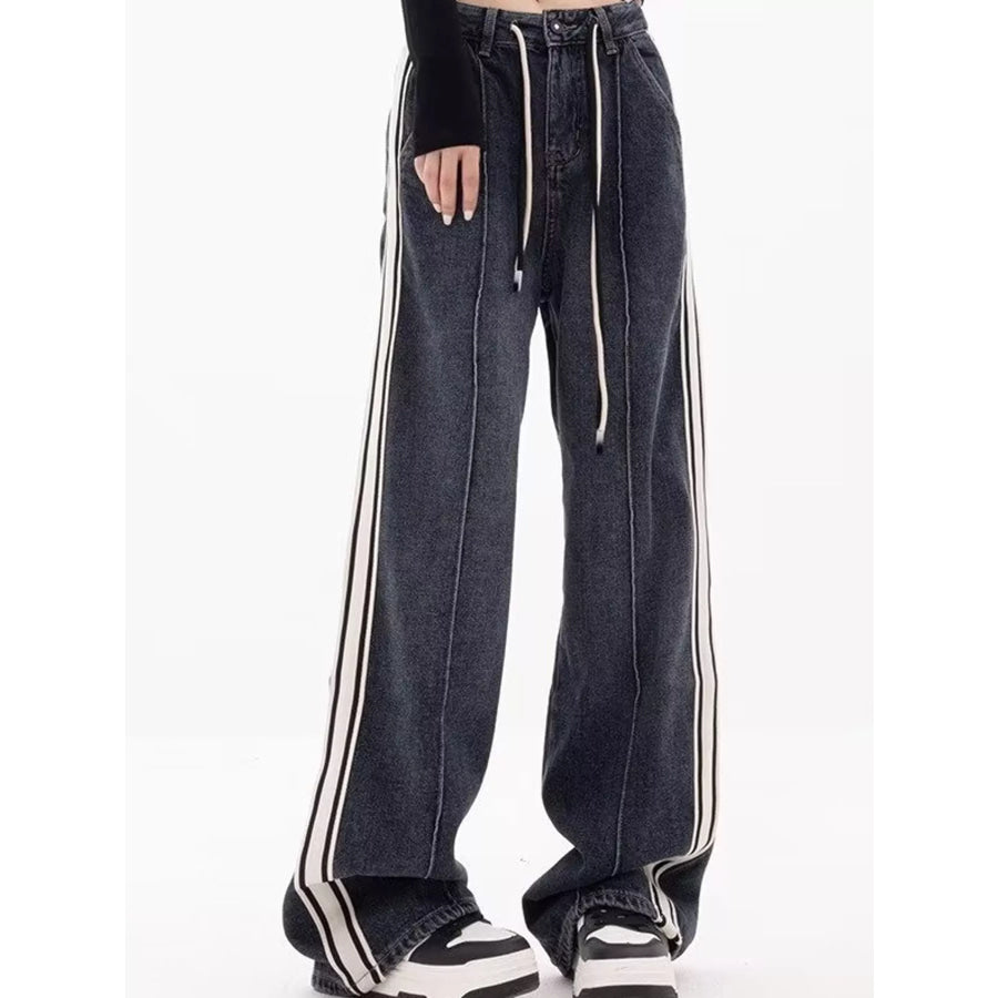 Full Size High-Waisted Wide-Leg Washed Jeans with Contrast Side Stripes Plus Apparel and Accessories