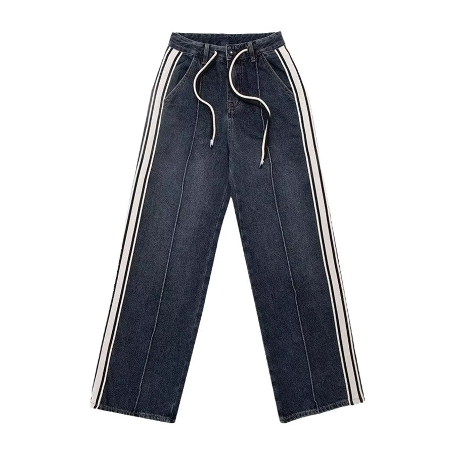 Full Size High-Waisted Wide-Leg Washed Jeans with Contrast Side Stripes Plus Apparel and Accessories