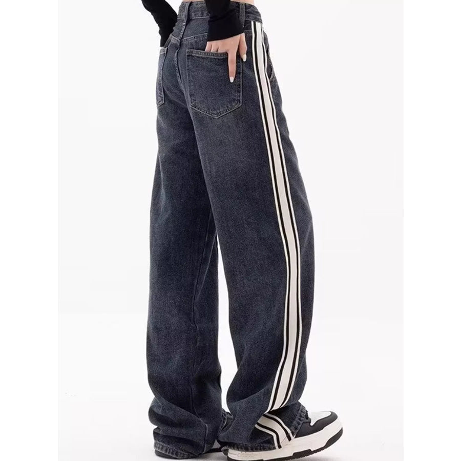 Full Size High-Waisted Wide-Leg Washed Jeans with Contrast Side Stripes Plus Apparel and Accessories
