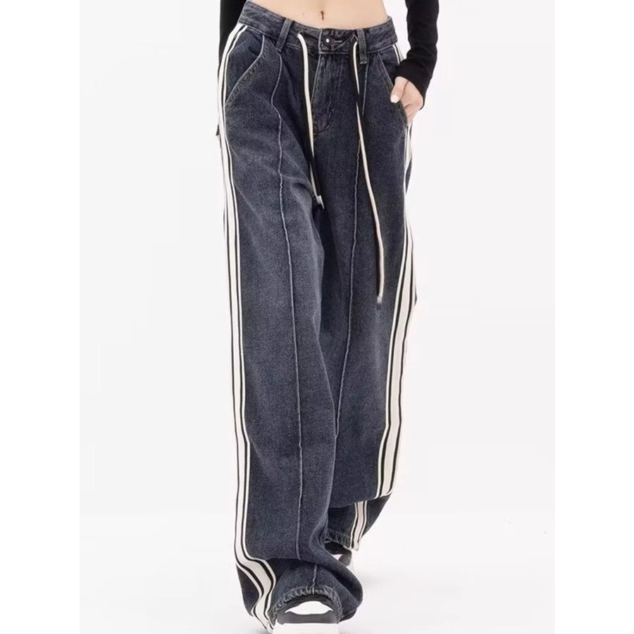 Full Size High-Waisted Wide-Leg Washed Jeans with Contrast Side Stripes Plus Apparel and Accessories