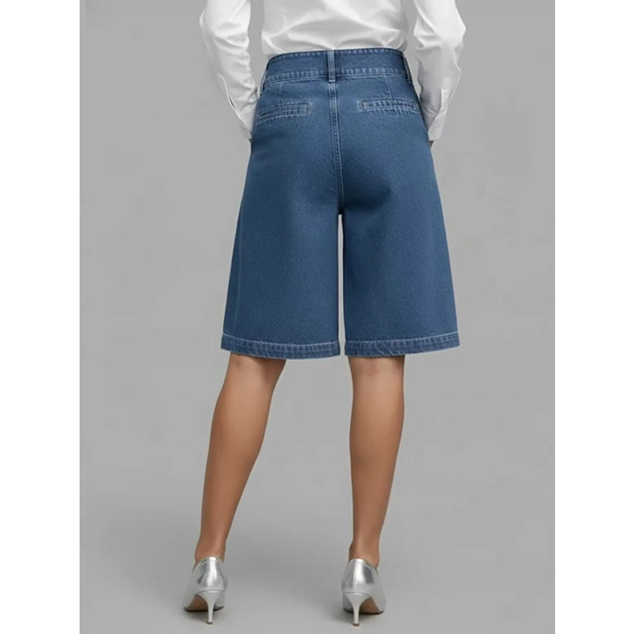 Full Size High-Waisted Wrap-Front Denim Look Shorts Plus Dusty Blue / S Apparel and Accessories