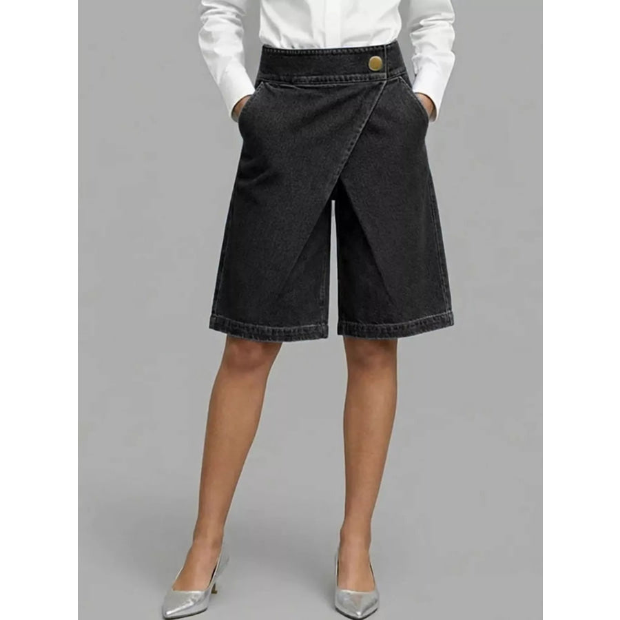 Full Size High-Waisted Wrap-Front Denim Look Shorts Plus Black / S Apparel and Accessories