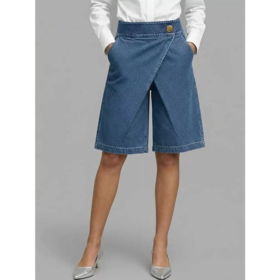 Full Size High-Waisted Wrap-Front Denim Look Shorts Plus Dusty Blue / S Apparel and Accessories
