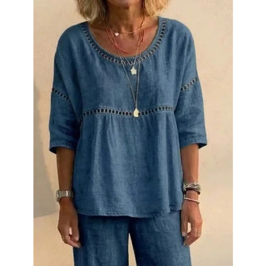 Full Size Hollow-Out Detailing Top and Pants Set Plus Dark Blue / S Apparel Accessories