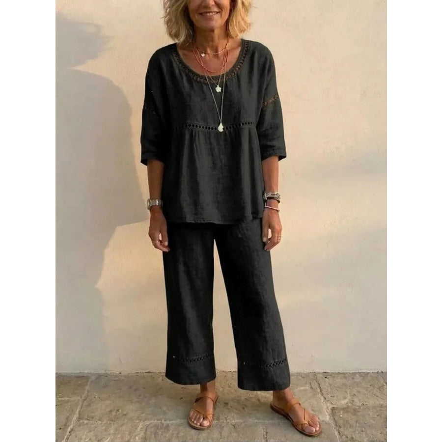 Full Size Hollow-Out Detailing Top and Pants Set Plus Black / S Apparel Accessories