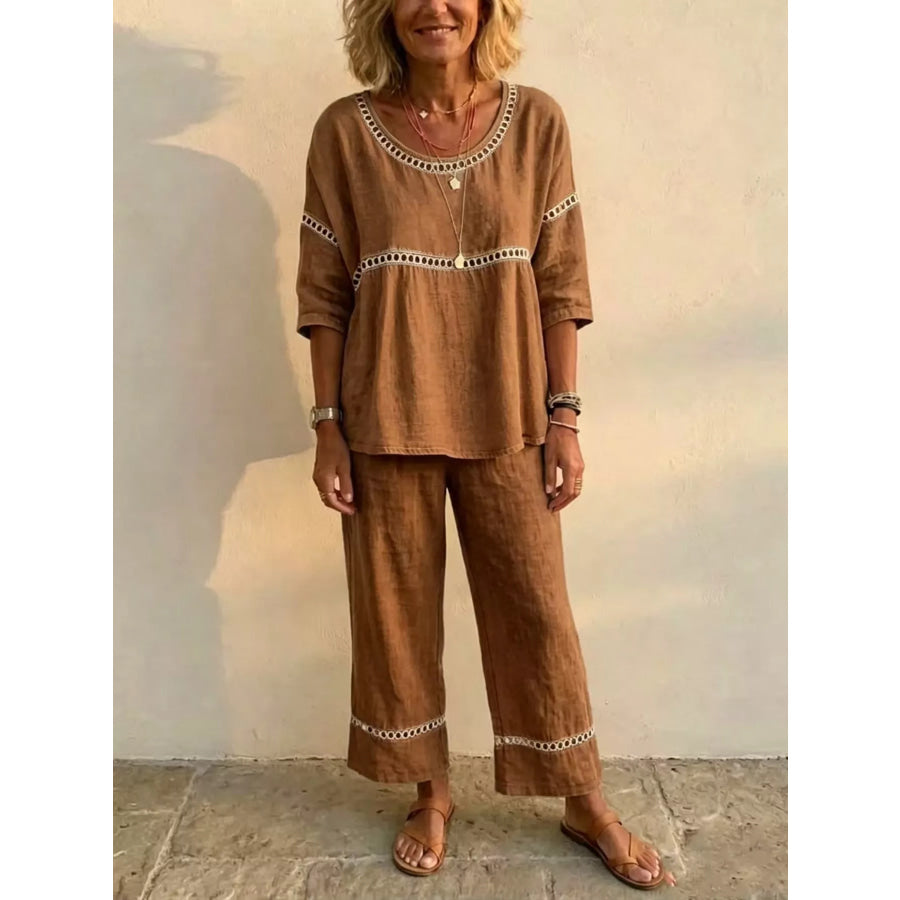 Full Size Hollow-Out Detailing Top and Pants Set Plus Brown / S Apparel Accessories