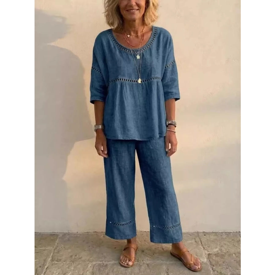 Full Size Hollow-Out Detailing Top and Pants Set Plus Dark Blue / S Apparel Accessories