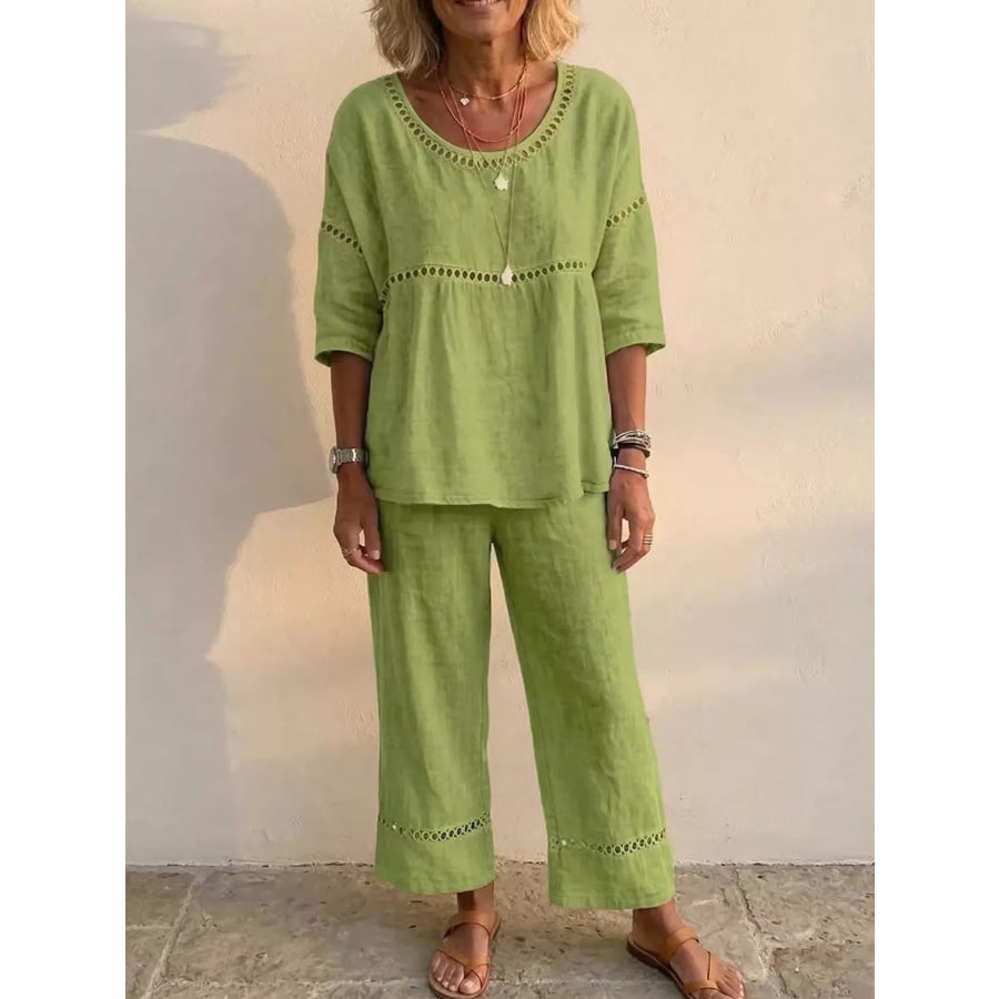 Full Size Hollow-Out Detailing Top and Pants Set Plus Green / S Apparel Accessories