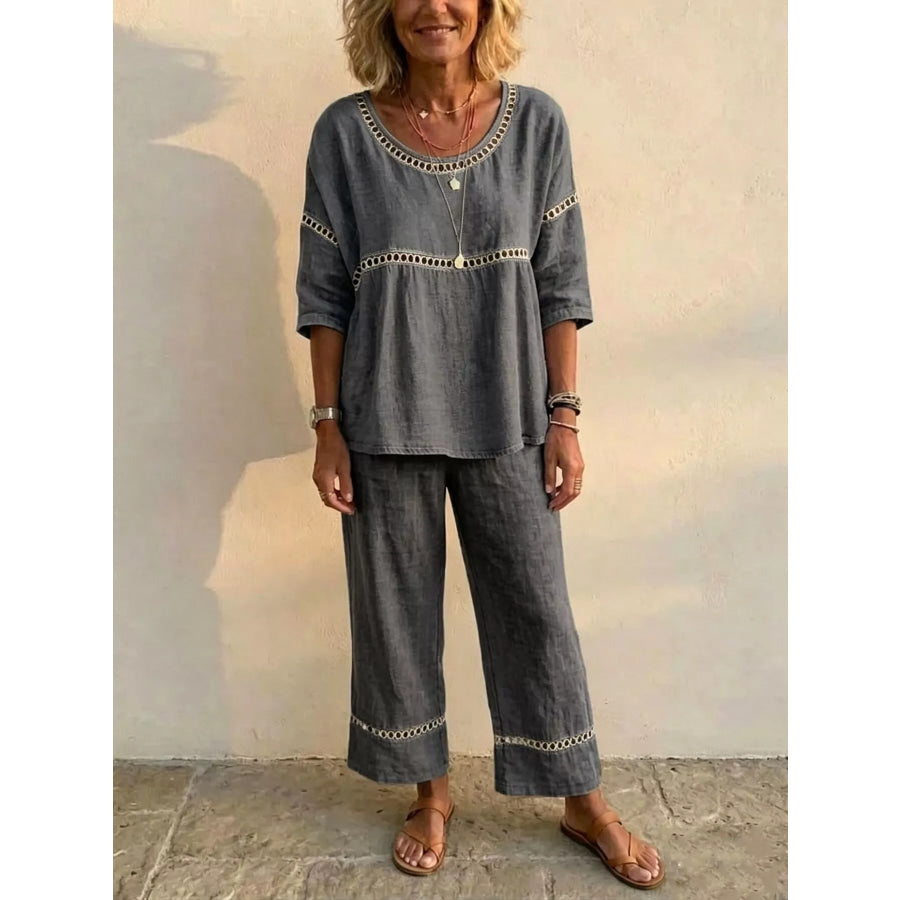 Full Size Hollow-Out Detailing Top and Pants Set Plus Grey / S Apparel Accessories