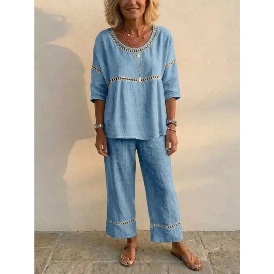 Full Size Hollow-Out Detailing Top and Pants Set Plus Light Blue / S Apparel Accessories
