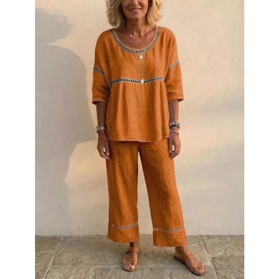 Full Size Hollow-Out Detailing Top and Pants Set Plus Orange / S Apparel Accessories