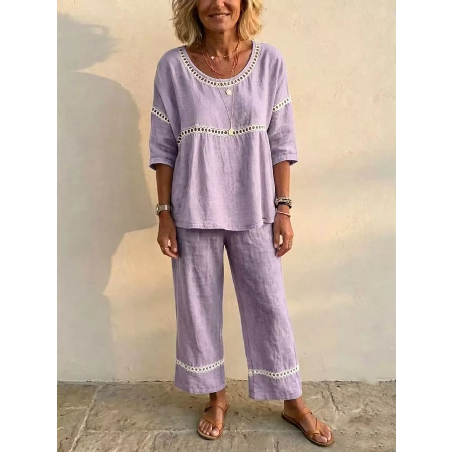 Full Size Hollow-Out Detailing Top and Pants Set Plus Purple / S Apparel Accessories