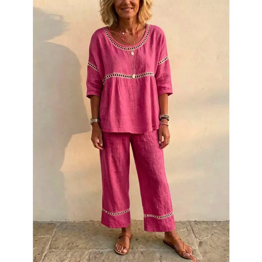 Full Size Hollow-Out Detailing Top and Pants Set Plus Rose Red / S Apparel Accessories