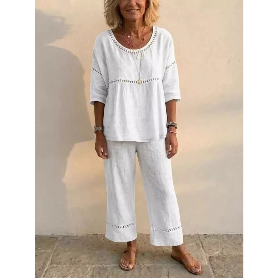 Full Size Hollow-Out Detailing Top and Pants Set Plus White / S Apparel Accessories