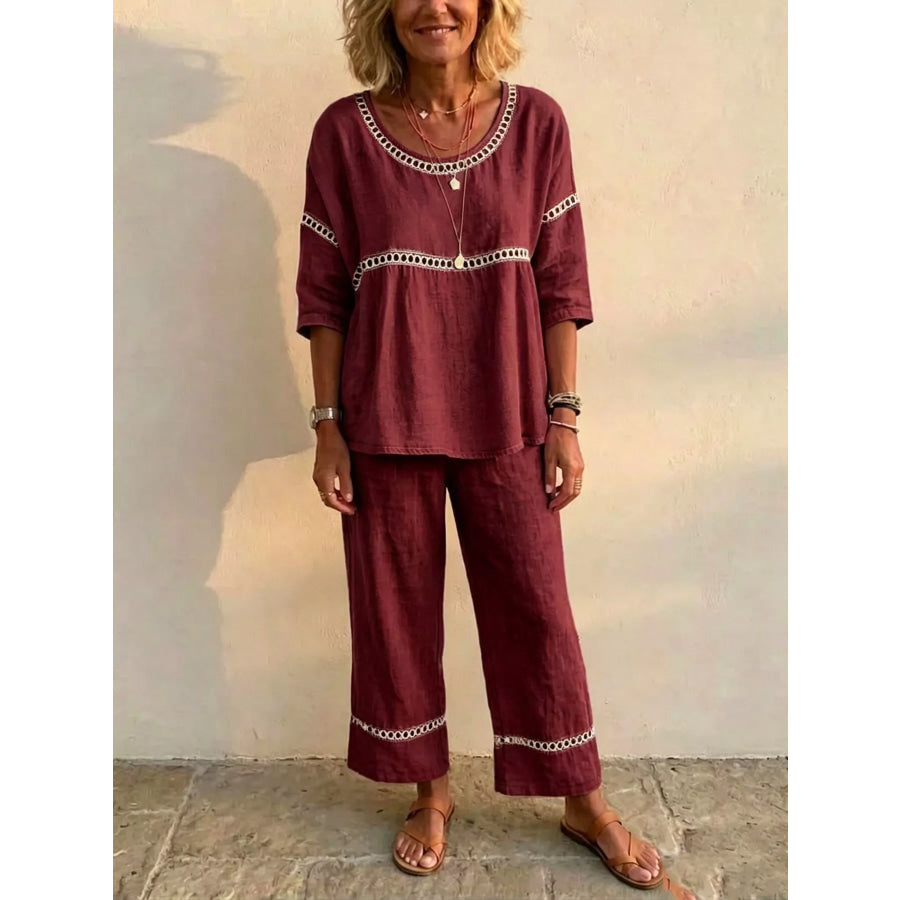 Full Size Hollow-Out Detailing Top and Pants Set Plus Wine Red / S Apparel Accessories
