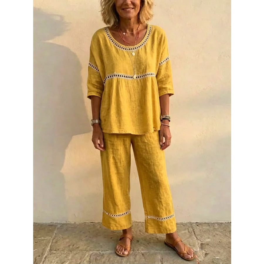 Full Size Hollow-Out Detailing Top and Pants Set Plus Yellow / S Apparel Accessories