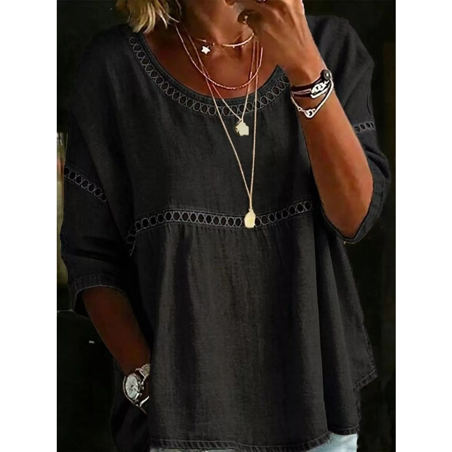 Full Size Hollow Out Round Neck Top Plus Size Black / S Apparel and Accessories