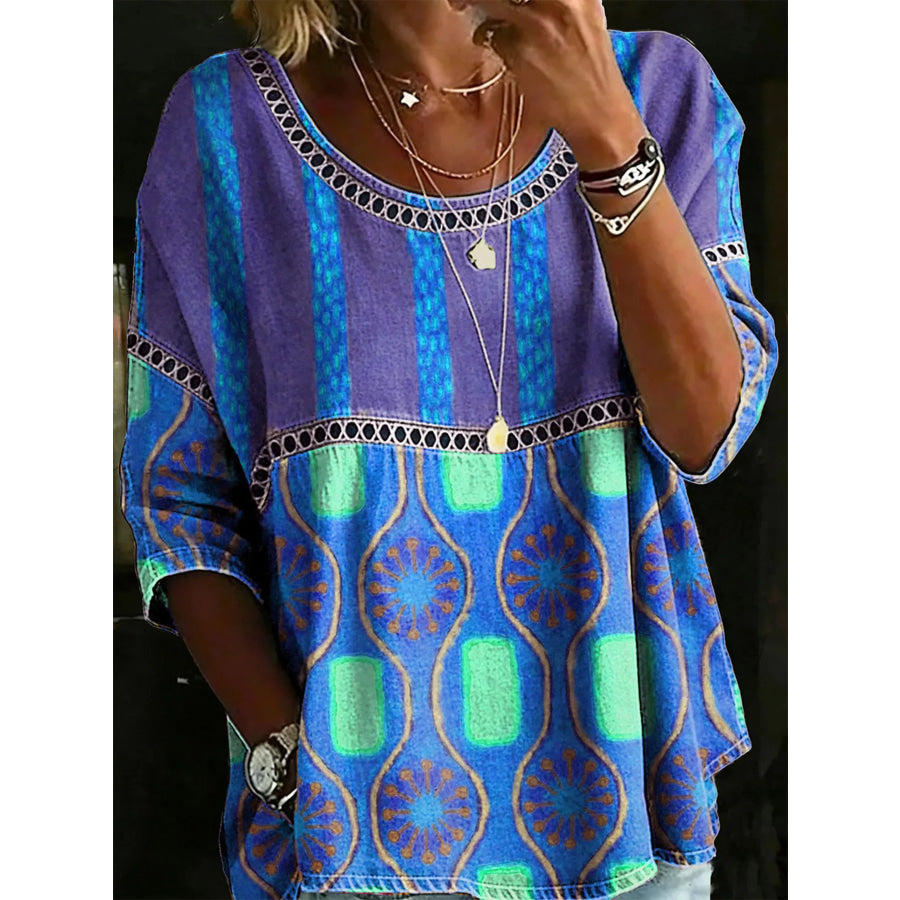 Full Size Hollow Out Round Neck Top Plus Size Blue / S Apparel and Accessories