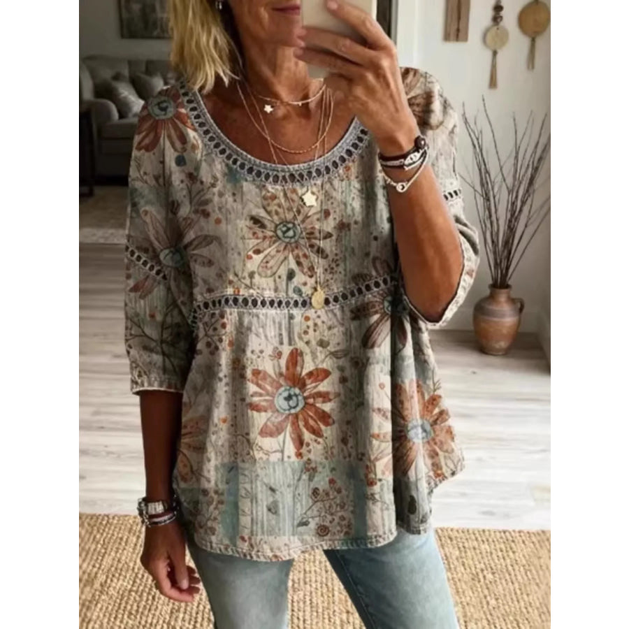 Full Size Hollow Out Round Neck Top Plus Size Khaki / S Apparel and Accessories