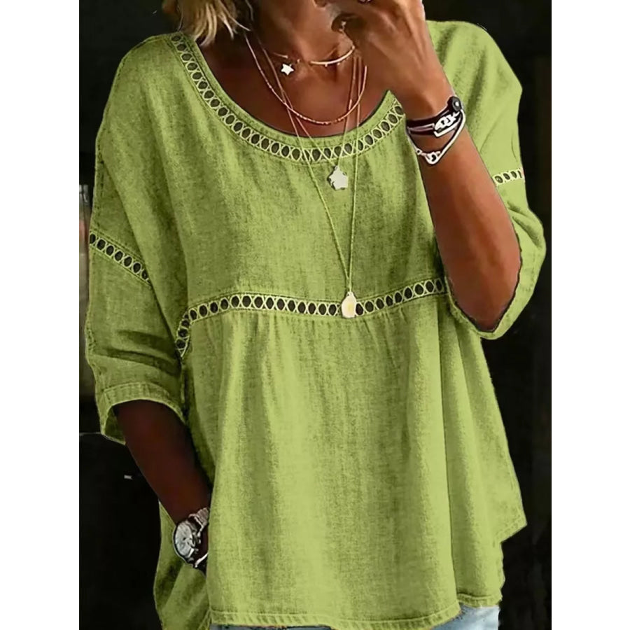 Full Size Hollow Out Round Neck Top Plus Size Light Green / S Apparel and Accessories