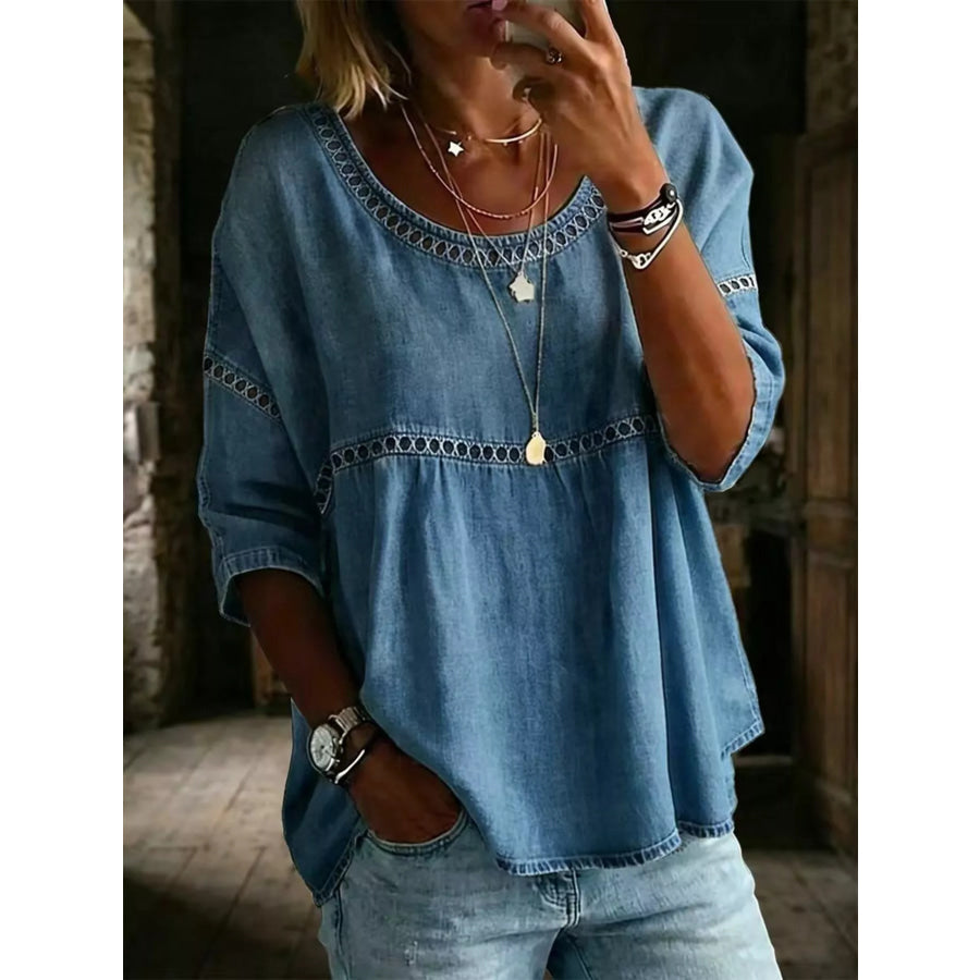Full Size Hollow Out Round Neck Top Plus Size Navy / S Apparel and Accessories