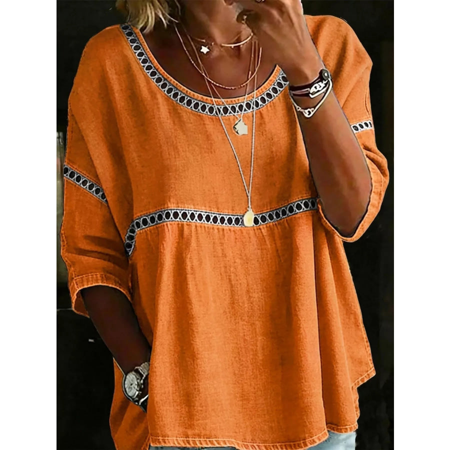 Full Size Hollow Out Round Neck Top Plus Size Orange / S Apparel and Accessories