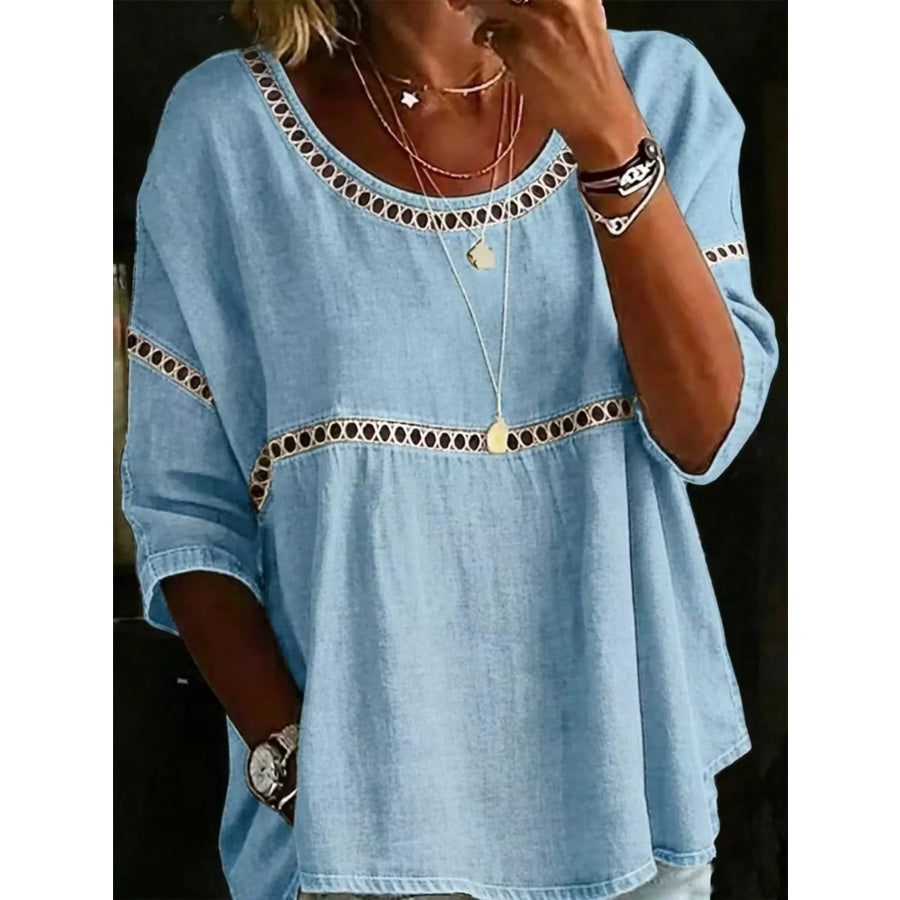 Full Size Hollow Out Round Neck Top Plus Size Sky Blue / S Apparel and Accessories