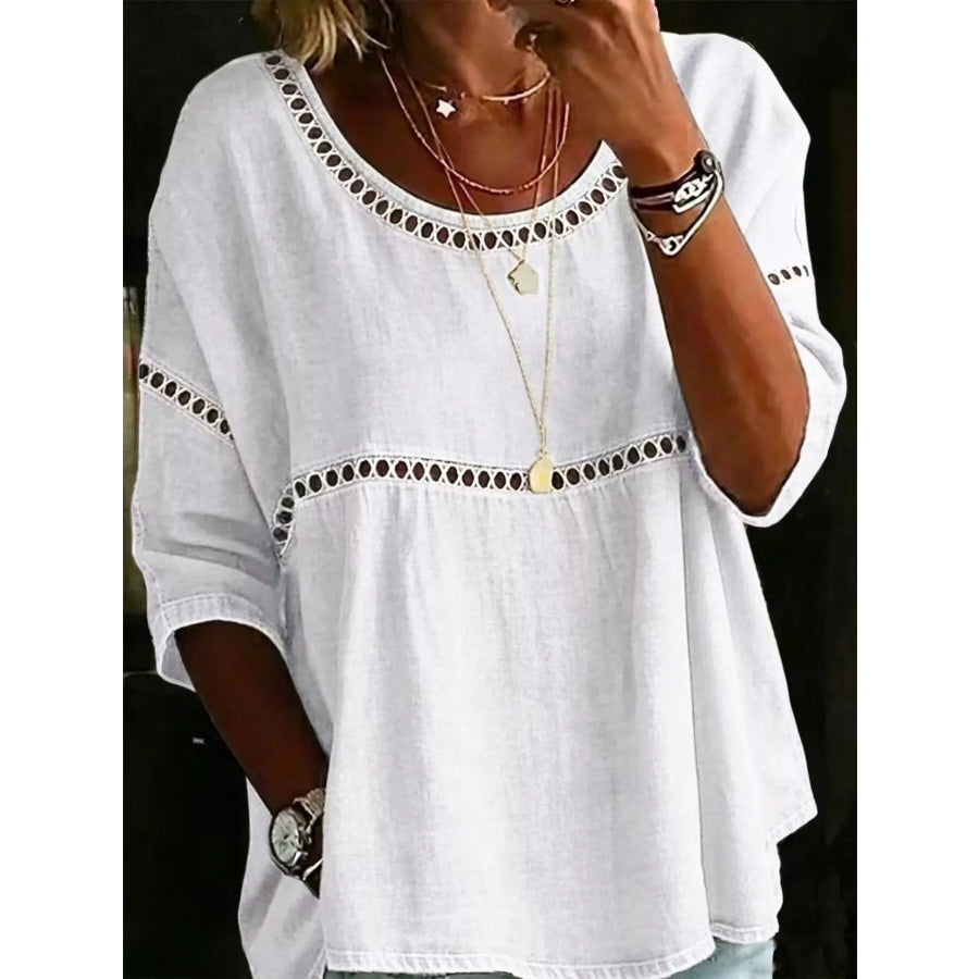 Full Size Hollow Out Round Neck Top Plus Size White / S Apparel and Accessories