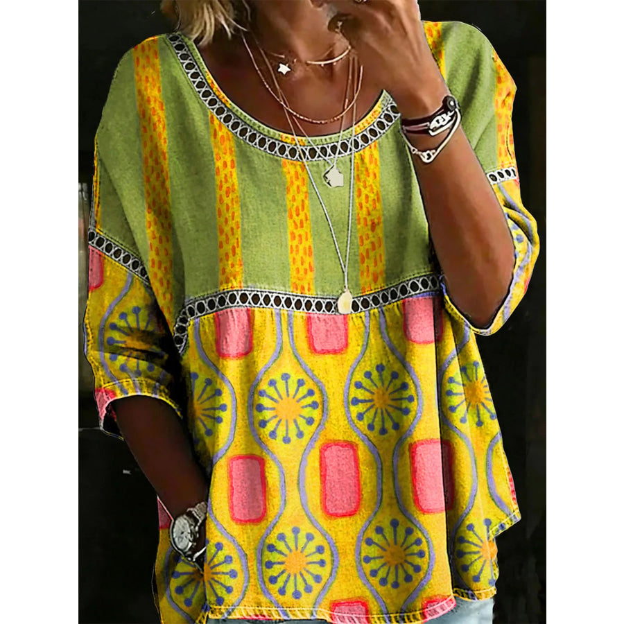 Full Size Hollow Out Round Neck Top Plus Size Yellow / S Apparel and Accessories