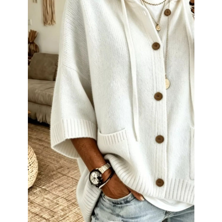 Full Size Hooded Button-Down Knit Cardigan Plus Apparel and Accessories